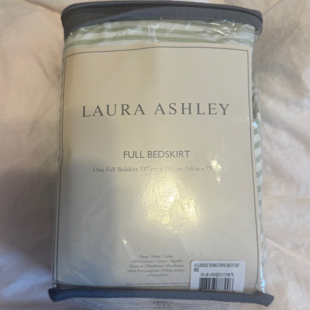 Preppy Coquette Laura Ashley Green and White Striped Full Bedskirt